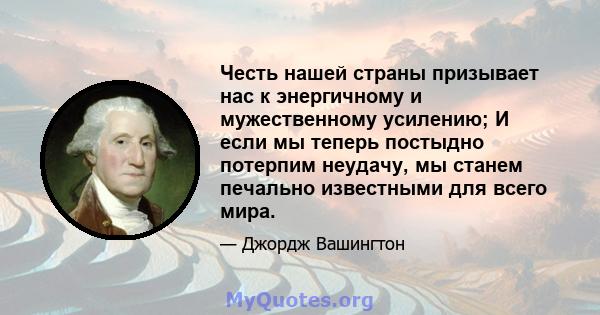 Честь нашей страны призывает нас к энергичному и мужественному усилению; И если мы теперь постыдно потерпим неудачу, мы станем печально известными для всего мира.