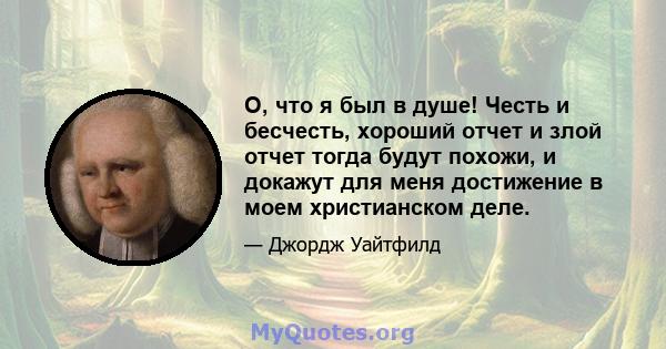 О, что я был в душе! Честь и бесчесть, хороший отчет и злой отчет тогда будут похожи, и докажут для меня достижение в моем христианском деле.