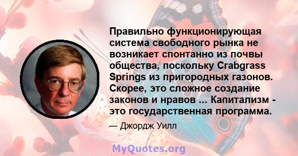 Правильно функционирующая система свободного рынка не возникает спонтанно из почвы общества, поскольку Crabgrass Springs из пригородных газонов. Скорее, это сложное создание законов и нравов ... Капитализм - это