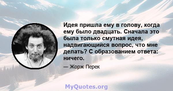 Идея пришла ему в голову, когда ему было двадцать. Сначала это была только смутная идея, надвигающийся вопрос, что мне делать? С образованием ответа: ничего.