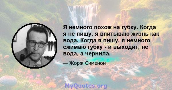 Я немного похож на губку. Когда я не пишу, я впитываю жизнь как вода. Когда я пишу, я немного сжимаю губку - и выходит, не вода, а чернила.