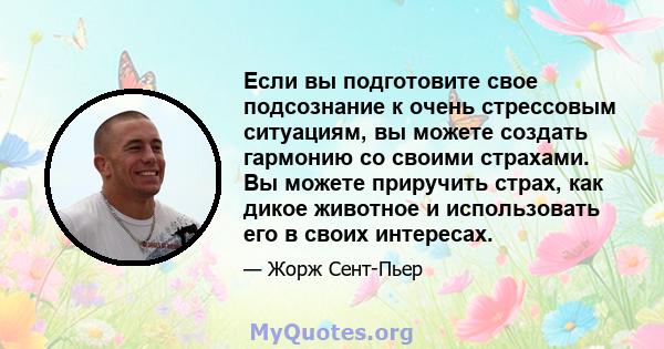 Если вы подготовите свое подсознание к очень стрессовым ситуациям, вы можете создать гармонию со своими страхами. Вы можете приручить страх, как дикое животное и использовать его в своих интересах.