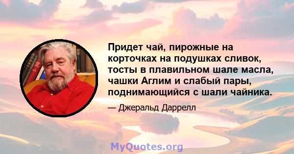 Придет чай, пирожные на корточках на подушках сливок, тосты в плавильном шале масла, чашки Аглим и слабый пары, поднимающийся с шали чайника.