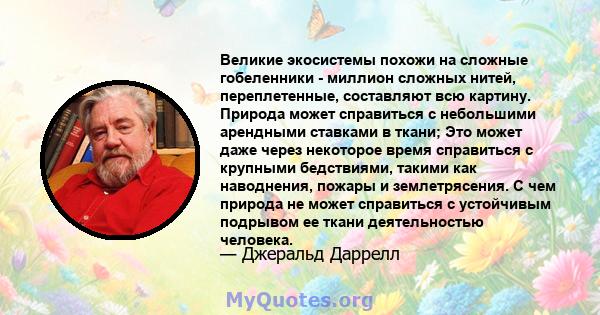 Великие экосистемы похожи на сложные гобеленники - миллион сложных нитей, переплетенные, составляют всю картину. Природа может справиться с небольшими арендными ставками в ткани; Это может даже через некоторое время