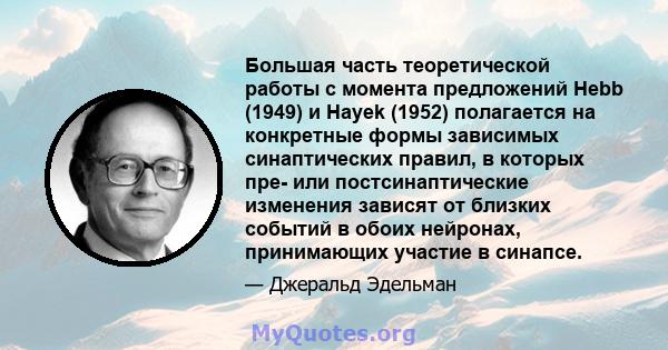 Большая часть теоретической работы с момента предложений Hebb (1949) и Hayek (1952) полагается на конкретные формы зависимых синаптических правил, в которых пре- или постсинаптические изменения зависят от близких