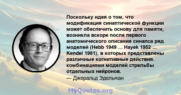 Поскольку идея о том, что модификация синаптической функции может обеспечить основу для памяти, возникла вскоре после первого анатомического описания синапса ряд моделей (Hebb 1949 ... Hayek 1952 ... Kendel 1981), в