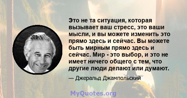 Это не та ситуация, которая вызывает ваш стресс, это ваши мысли, и вы можете изменить это прямо здесь и сейчас. Вы можете быть мирным прямо здесь и сейчас. Мир - это выбор, и это не имеет ничего общего с тем, что другие 