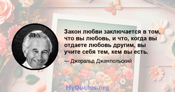 Закон любви заключается в том, что вы любовь, и что, когда вы отдаете любовь другим, вы учите себя тем, кем вы есть.