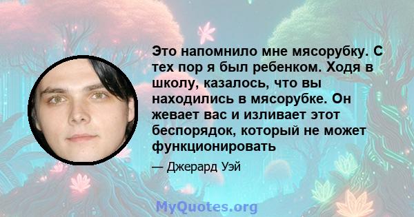 Это напомнило мне мясорубку. С тех пор я был ребенком. Ходя в школу, казалось, что вы находились в мясорубке. Он жевает вас и изливает этот беспорядок, который не может функционировать