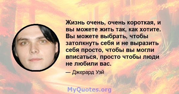 Жизнь очень, очень короткая, и вы можете жить так, как хотите. Вы можете выбрать, чтобы затолкнуть себя и не выразить себя просто, чтобы вы могли вписаться, просто чтобы люди не любили вас.