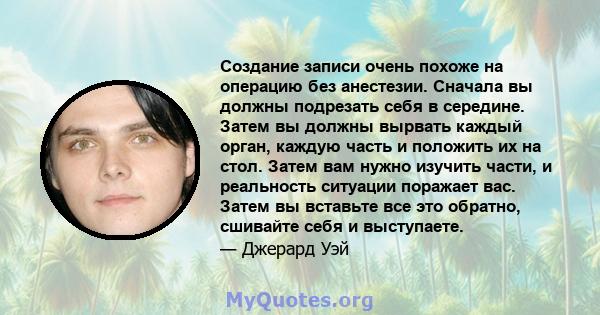 Создание записи очень похоже на операцию без анестезии. Сначала вы должны подрезать себя в середине. Затем вы должны вырвать каждый орган, каждую часть и положить их на стол. Затем вам нужно изучить части, и реальность