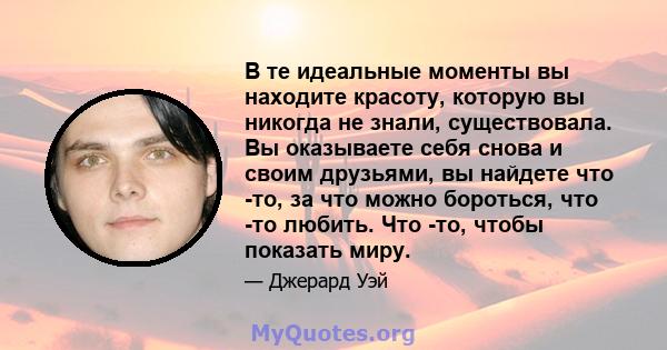 В те идеальные моменты вы находите красоту, которую вы никогда не знали, существовала. Вы оказываете себя снова и своим друзьями, вы найдете что -то, за что можно бороться, что -то любить. Что -то, чтобы показать миру.