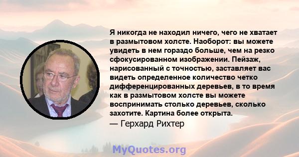 Я никогда не находил ничего, чего не хватает в размытовом холсте. Наоборот: вы можете увидеть в нем гораздо больше, чем на резко сфокусированном изображении. Пейзаж, нарисованный с точностью, заставляет вас видеть