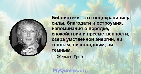 Библиотеки - это водохранилища силы, благодати и остроумия, напоминания о порядке, спокойствии и преемственности, озера умственной энергии, ни теплым, ни холодным, ни темным.