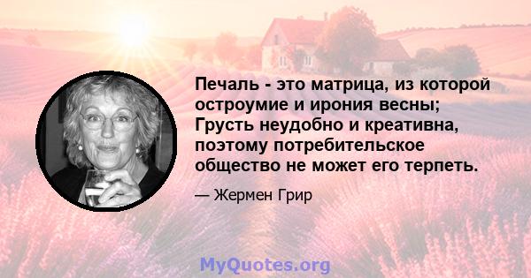 Печаль - это матрица, из которой остроумие и ирония весны; Грусть неудобно и креативна, поэтому потребительское общество не может его терпеть.