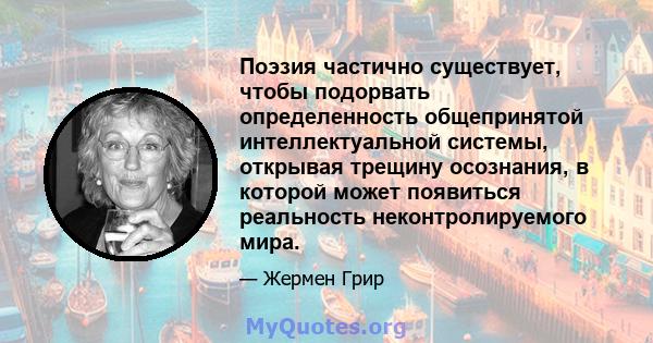 Поэзия частично существует, чтобы подорвать определенность общепринятой интеллектуальной системы, открывая трещину осознания, в которой может появиться реальность неконтролируемого мира.