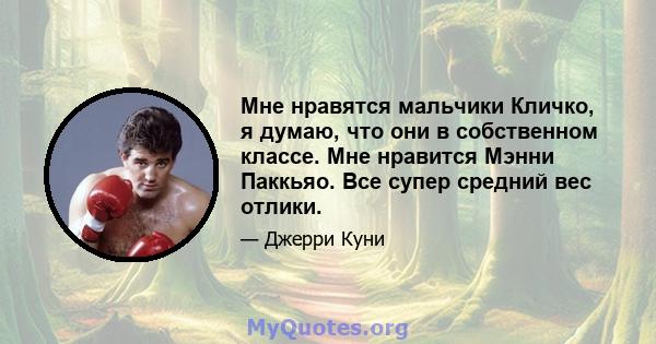 Мне нравятся мальчики Кличко, я думаю, что они в собственном классе. Мне нравится Мэнни Паккьяо. Все супер средний вес отлики.