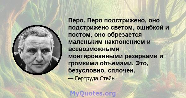 Перо. Перо подстрижено, оно подстрижено светом, ошибкой и постом, оно обрезается маленьким наклонением и всевозможными монтированными резервами и громкими объемами. Это, безусловно, сплочен.