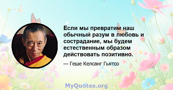 Если мы превратим наш обычный разум в любовь и сострадание, мы будем естественным образом действовать позитивно.