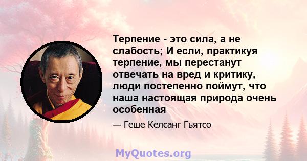 Терпение - это сила, а не слабость; И если, практикуя терпение, мы перестанут отвечать на вред и критику, люди постепенно поймут, что наша настоящая природа очень особенная