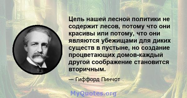 Цель нашей лесной политики не содержит лесов, потому что они красивы или потому, что они являются убежищами для диких существ в пустыне, но создание процветающих домов-каждый другой соображение становится вторичным.