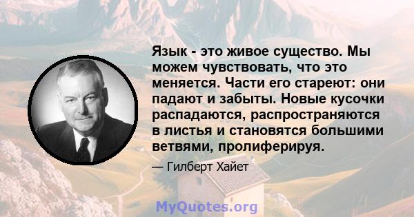 Язык - это живое существо. Мы можем чувствовать, что это меняется. Части его стареют: они падают и забыты. Новые кусочки распадаются, распространяются в листья и становятся большими ветвями, пролиферируя.