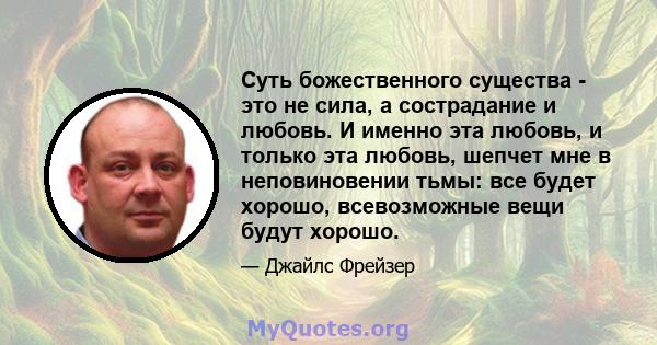 Суть божественного существа - это не сила, а сострадание и любовь. И именно эта любовь, и только эта любовь, шепчет мне в неповиновении тьмы: все будет хорошо, всевозможные вещи будут хорошо.