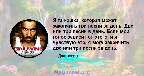 Я та кошка, которая может закончить три песни за день. Две или три песни в день. Если мой голос зависит от этого, и я чувствую это, я могу закончить две или три песни за день.