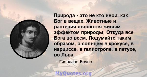 Природа - это не кто иной, как Бог в вещах. Животные и растения являются живым эффектом природы; Откуда все Бога во всем. Подумайте таким образом, о солнцем в крокусе, в нарциссе, в гелиотропе, в петухе, во Льва.