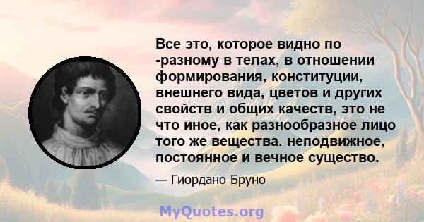 Все это, которое видно по -разному в телах, в отношении формирования, конституции, внешнего вида, цветов и других свойств и общих качеств, это не что иное, как разнообразное лицо того же вещества. неподвижное,