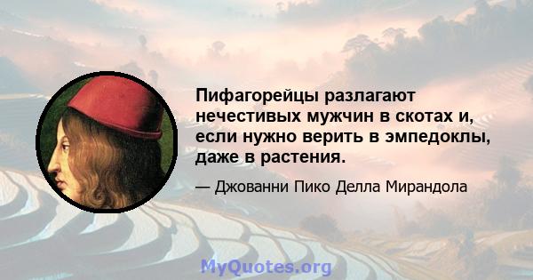 Пифагорейцы разлагают нечестивых мужчин в скотах и, если нужно верить в эмпедоклы, даже в растения.