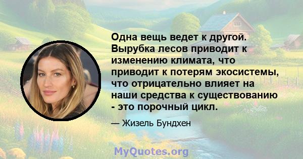 Одна вещь ведет к другой. Вырубка лесов приводит к изменению климата, что приводит к потерям экосистемы, что отрицательно влияет на наши средства к существованию - это порочный цикл.