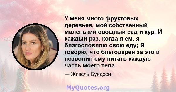 У меня много фруктовых деревьев, мой собственный маленький овощный сад и кур. И каждый раз, когда я ем, я благословляю свою еду; Я говорю, что благодарен за это и позволил ему питать каждую часть моего тела.