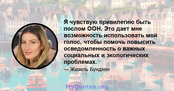 Я чувствую привилегию быть послом ООН. Это дает мне возможность использовать мой голос, чтобы помочь повысить осведомленность о важных социальных и экологических проблемах.