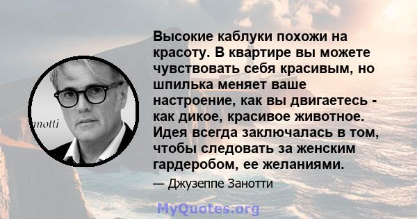 Высокие каблуки похожи на красоту. В квартире вы можете чувствовать себя красивым, но шпилька меняет ваше настроение, как вы двигаетесь - как дикое, красивое животное. Идея всегда заключалась в том, чтобы следовать за