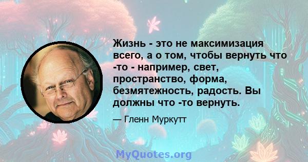 Жизнь - это не максимизация всего, а о том, чтобы вернуть что -то - например, свет, пространство, форма, безмятежность, радость. Вы должны что -то вернуть.