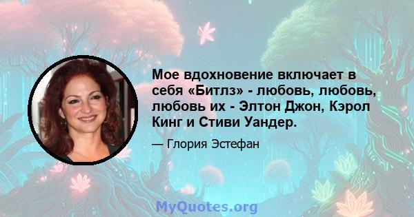 Мое вдохновение включает в себя «Битлз» - любовь, любовь, любовь их - Элтон Джон, Кэрол Кинг и Стиви Уандер.