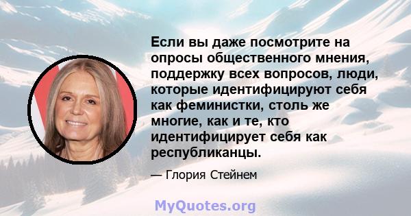 Если вы даже посмотрите на опросы общественного мнения, поддержку всех вопросов, люди, которые идентифицируют себя как феминистки, столь же многие, как и те, кто идентифицирует себя как республиканцы.