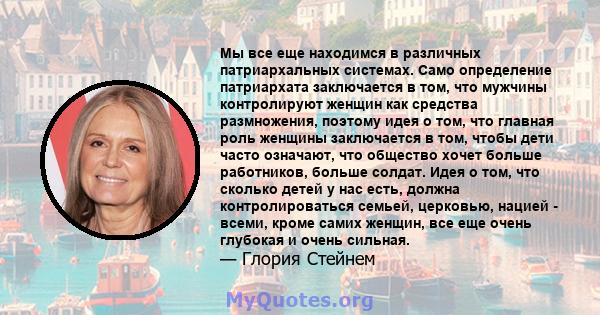 Мы все еще находимся в различных патриархальных системах. Само определение патриархата заключается в том, что мужчины контролируют женщин как средства размножения, поэтому идея о том, что главная роль женщины