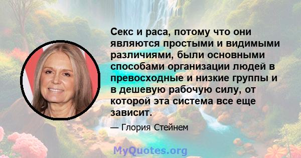 Секс и раса, потому что они являются простыми и видимыми различиями, были основными способами организации людей в превосходные и низкие группы и в дешевую рабочую силу, от которой эта система все еще зависит.