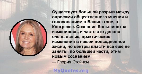 Существует большой разрыв между опросами общественного мнения и голосованием в Вашингтоне, в Конгрессе. Сознание большинства изменилось, и часто это делало очень ясные, практические изменения в нашей повседневной жизни, 