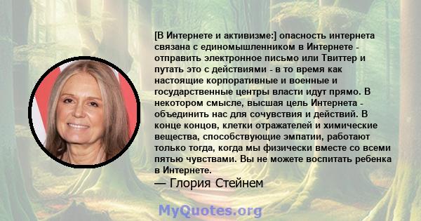 [В Интернете и активизме:] опасность интернета связана с единомышленником в Интернете - отправить электронное письмо или Твиттер и путать это с действиями - в то время как настоящие корпоративные и военные и