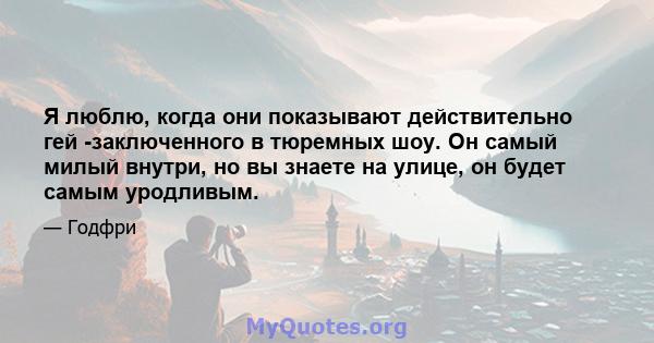 Я люблю, когда они показывают действительно гей -заключенного в тюремных шоу. Он самый милый внутри, но вы знаете на улице, он будет самым уродливым.