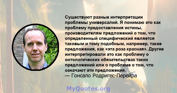 Существуют разные интерпретации проблемы универсалий. Я понимаю это как проблему предоставления истины, производителям предложений о том, что определенный специфический является таковым и тому подобным, например, такие