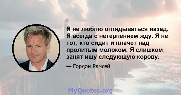 Я не люблю оглядываться назад. Я всегда с нетерпением жду. Я не тот, кто сидит и плачет над пролитым молоком. Я слишком занят ищу следующую корову.