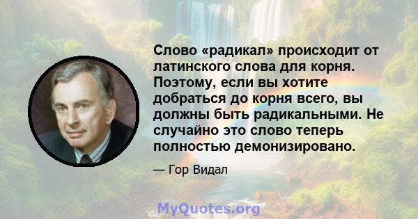 Слово «радикал» происходит от латинского слова для корня. Поэтому, если вы хотите добраться до корня всего, вы должны быть радикальными. Не случайно это слово теперь полностью демонизировано.