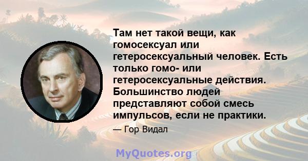 Там нет такой вещи, как гомосексуал или гетеросексуальный человек. Есть только гомо- или гетеросексуальные действия. Большинство людей представляют собой смесь импульсов, если не практики.