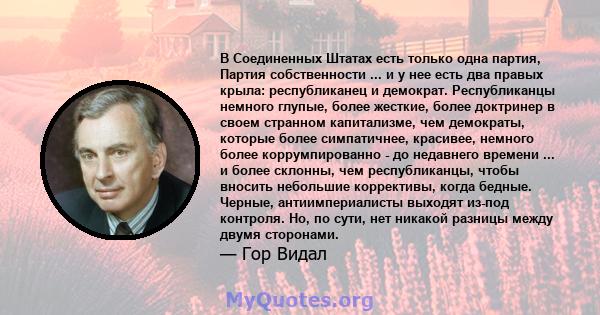 В Соединенных Штатах есть только одна партия, Партия собственности ... и у нее есть два правых крыла: республиканец и демократ. Республиканцы немного глупые, более жесткие, более доктринер в своем странном капитализме,