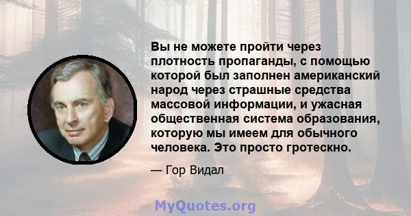 Вы не можете пройти через плотность пропаганды, с помощью которой был заполнен американский народ через страшные средства массовой информации, и ужасная общественная система образования, которую мы имеем для обычного