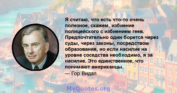 Я считаю, что есть что-то очень полезное, скажем, избиение полицейского с избиением геев. Предпочтительно один борется через суды, через законы, посредством образования, но если насилие на уровне соседства необходимо, я 